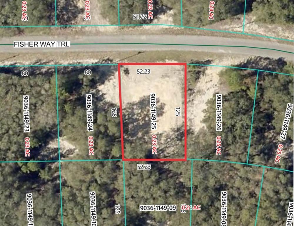 This is a map showing a rectangular plot of land highlighted in red — 26 FISHER WAY TRAIL, OCKLAWAHA, FL