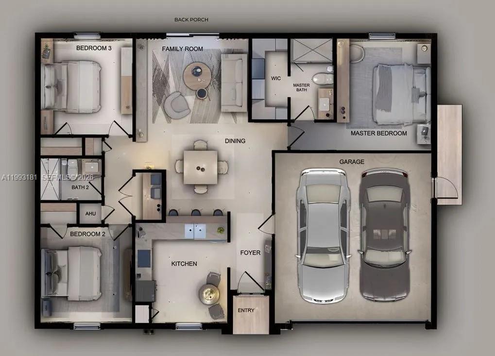 This is a floor plan rendering of a three-bedroom, two-bathroom home with a two-car garage — 2501 E 15TH ST, Lehigh Acres FL 33972, LEHIGH ACRES, FL