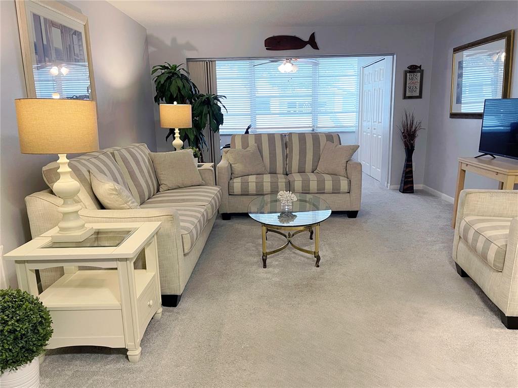A living room features striped sofas, a glass coffee table, and light-colored carpeting — 5880 38TH AVENUE N UNIT 206, ST PETERSBURG, FL