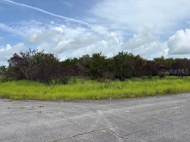 A vacant, overgrown lot sits behind a cracked asphalt road under a cloudy sky — 2495 LEGION AVENUE, PALM BAY, FL