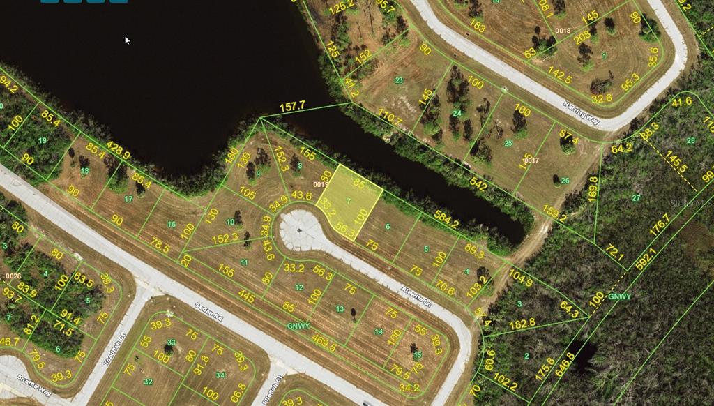 This is a satellite map showing residential lots and a cul-de-sac around a pond — 13360 ALEWIFE LANE, PLACIDA, FL