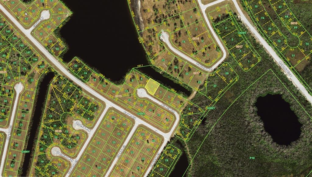 This is a satellite map showing residential lots, streets, and bodies of water — 13360 ALEWIFE LANE, PLACIDA, FL