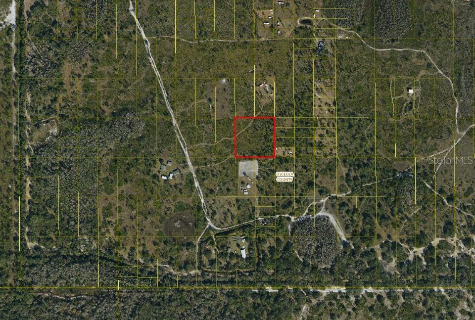 This is an aerial map showing a red-outlined parcel of land in Osceola County — SUBURBAN ESTS SEC 35...4442 002J, ST CLOUD, FL