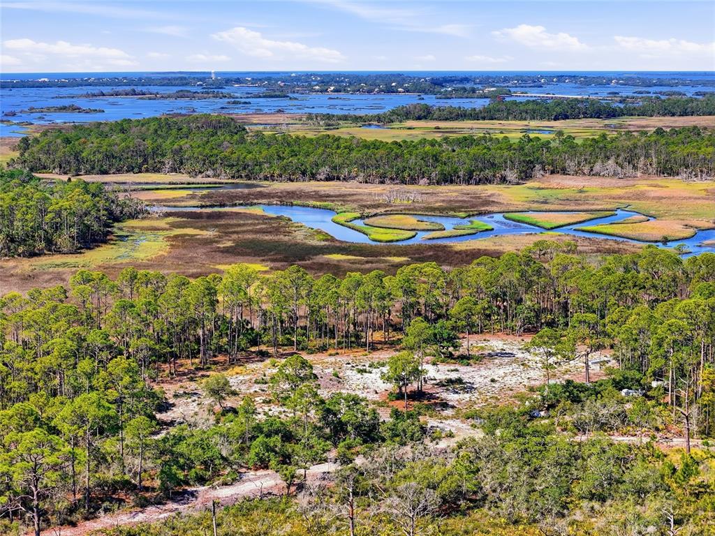 An aerial view shows a wooded lot leading to a marshy waterway and distant coastline — TBD STATE ROAD 24, CEDAR KEY, FL