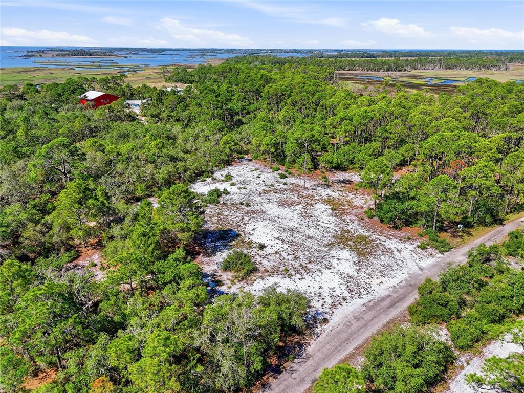 An aerial view shows a sandy clearing surrounded by trees next to a dirt road — TBD STATE ROAD 24, CEDAR KEY, FL