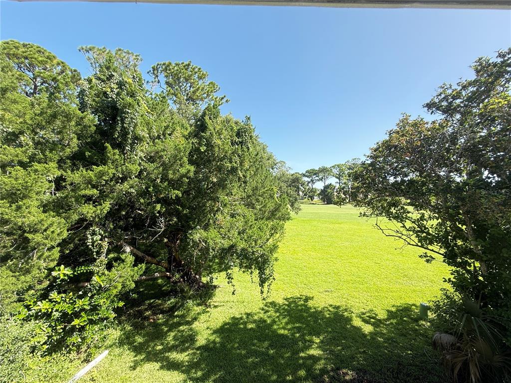 A view from an elevated balcony overlooking a grassy lawn framed by mature trees — 33 ANDREA DRIVE, NEW SMYRNA BEACH, FL