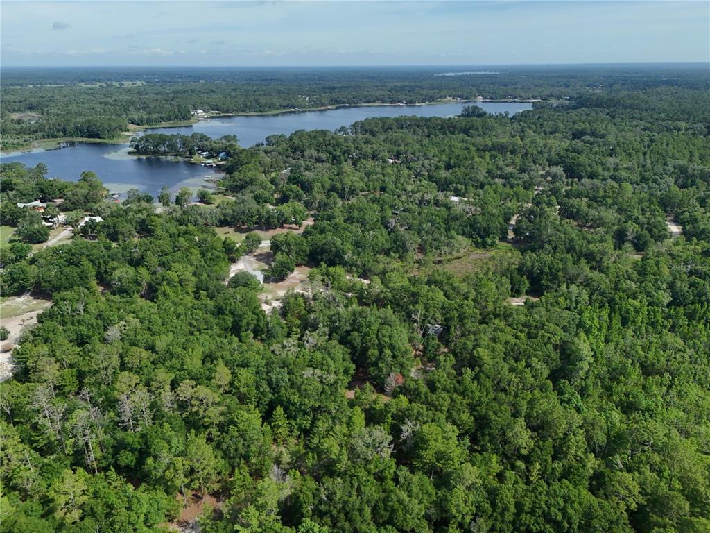 An aerial view shows a dense forest landscape surrounding a large lake under a clear sky — 141 STRAWBERRY STREET, POMONA PARK, FL