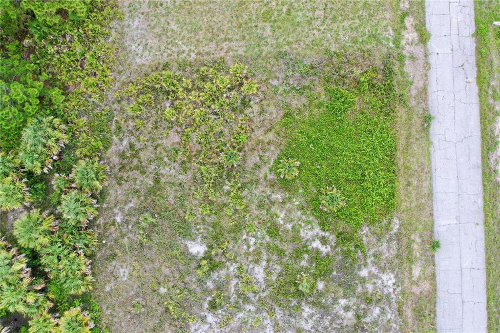 An aerial view shows a vacant, grassy lot with scattered palmetto bushes next to a road — DURANGO AVENUE, NORTH PORT, FL