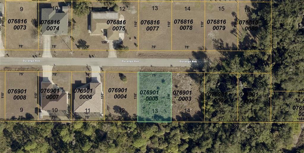 This is an aerial map showing a vacant residential lot highlighted in green — DURANGO AVENUE, NORTH PORT, FL