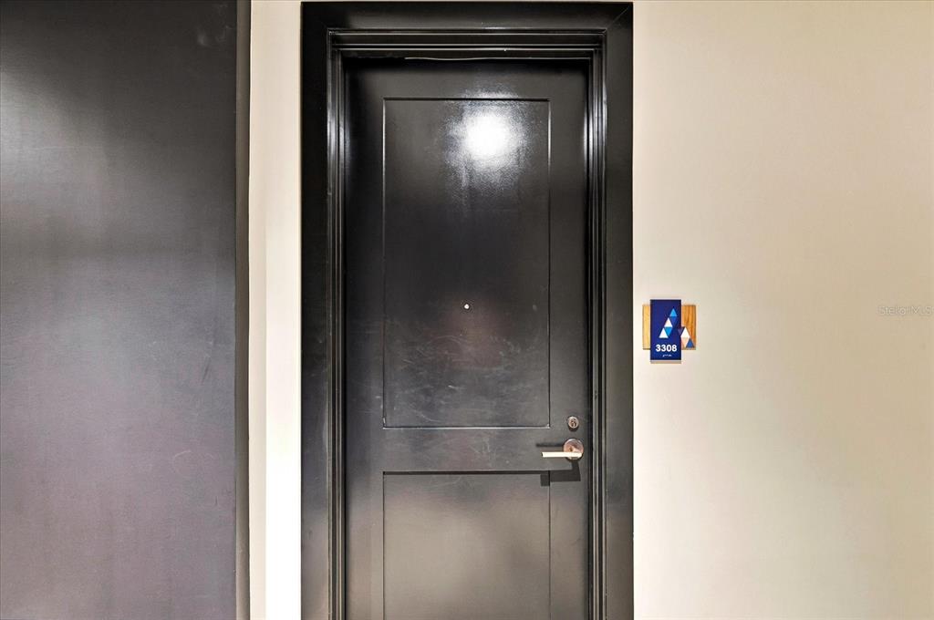 A black door with a silver handle and a room number sign is set in a wall — 275 1ST AVENUE S UNIT 3308, ST PETERSBURG, FL