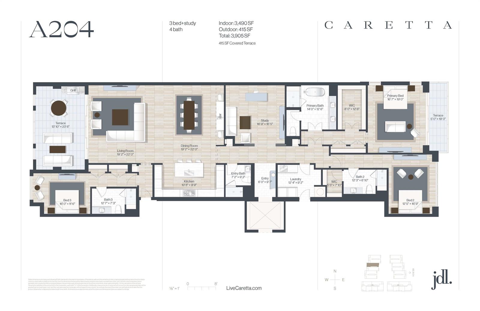 This floor plan shows a three-bedroom, four-bathroom apartment layout with a large terrace and kitchen — 1011 Us Highway 1 # A204, Juno Beach FL 33408, JUNO BEACH, FL