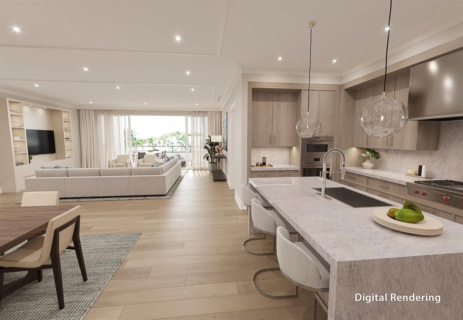 A digital rendering of an open-concept kitchen and living area with light wood flooring — 1011 Us Highway 1 # A204, Juno Beach FL 33408, JUNO BEACH, FL