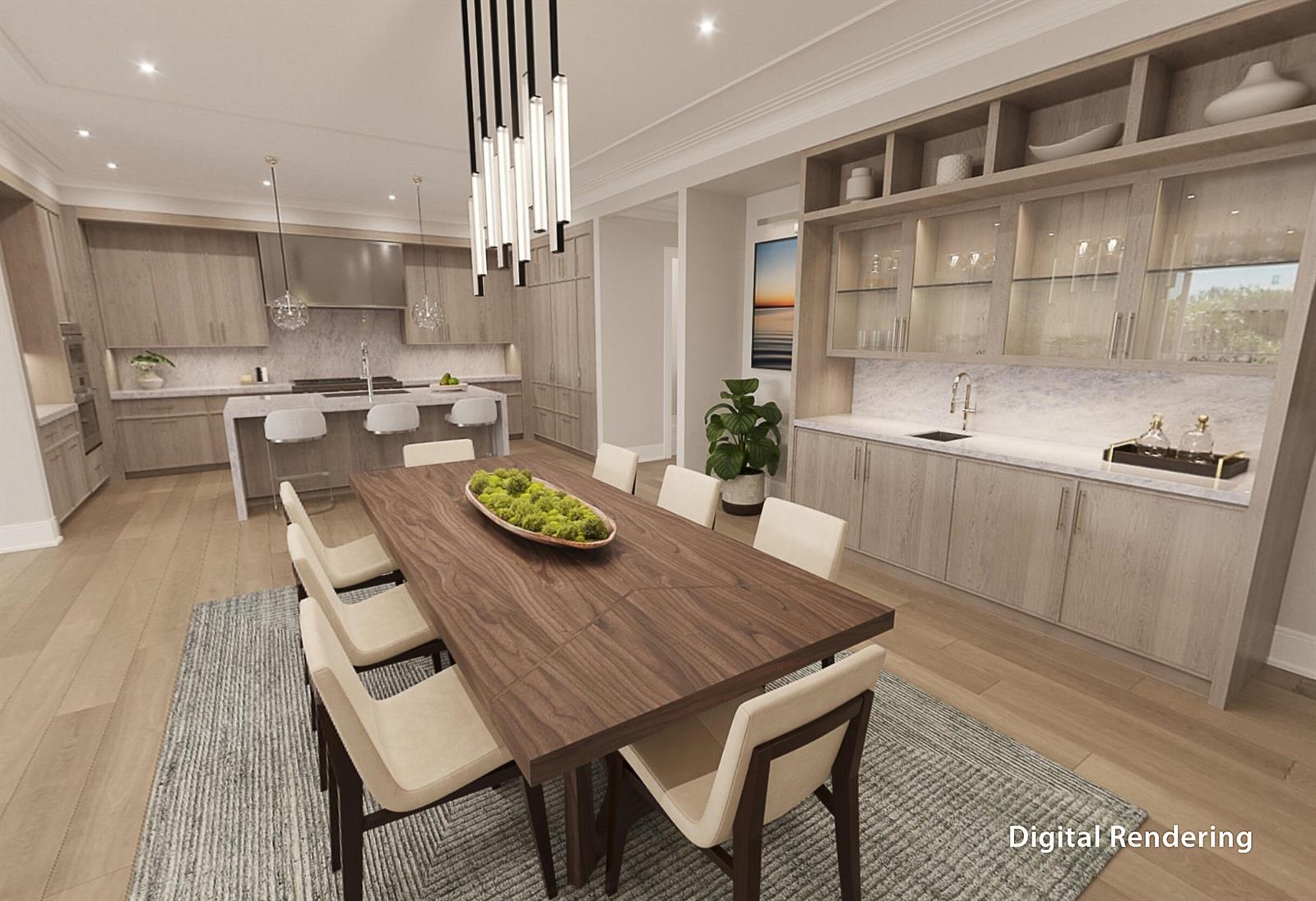 A digital rendering of a dining room featuring a wooden table, chairs, and kitchen cabinetry — 1011 Us Highway 1 # A204, Juno Beach FL 33408, JUNO BEACH, FL