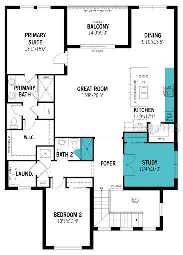 This is a floor plan for a residential unit featuring two bedrooms and a study — 17375 MOONFLOWER DRIVE UNIT 203, VENICE, FL