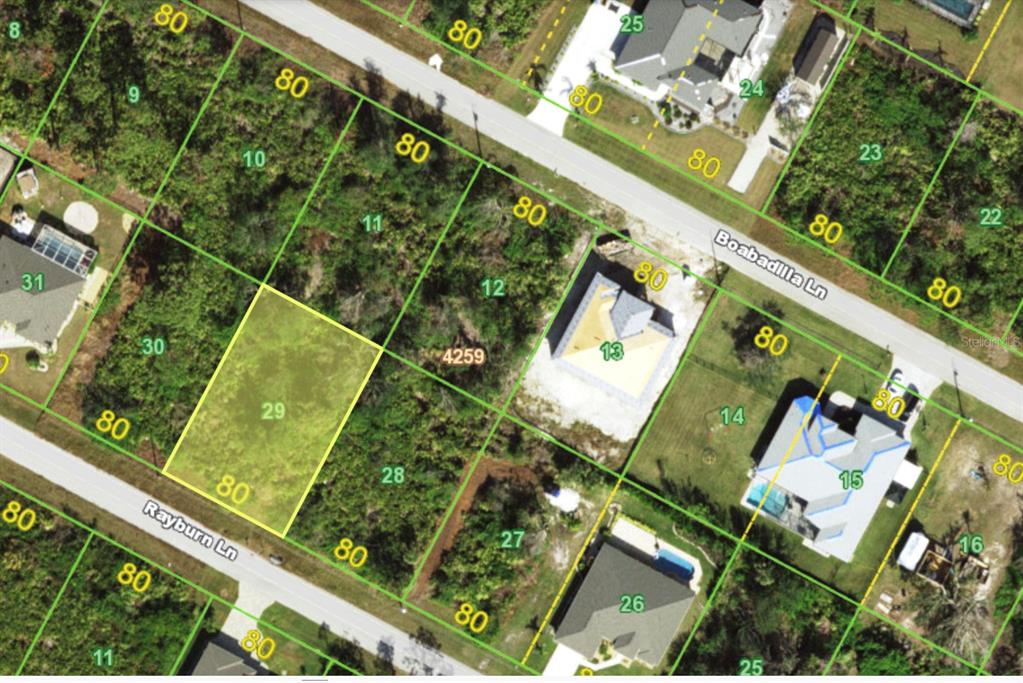 This is a map showing residential land parcels and existing homes along two streets — 13396 RAYBURN LANE, PORT CHARLOTTE, FL