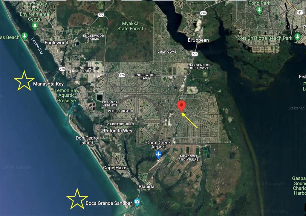 This is a satellite map showing the area around Rotonda West and Englewood, Florida — 13396 RAYBURN LANE, PORT CHARLOTTE, FL