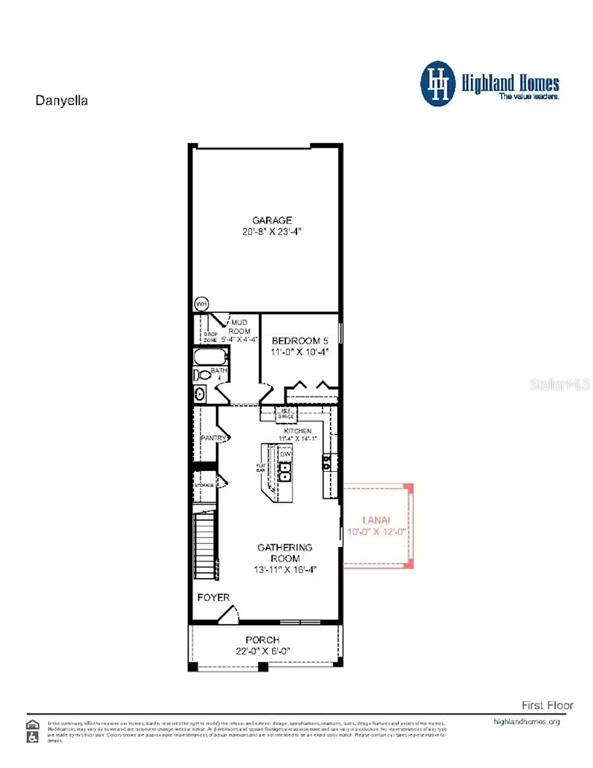 This is a floor plan for the first level of a Highland Homes residential property — 4035 KINDLING WOOD WAY, ST CLOUD, FL