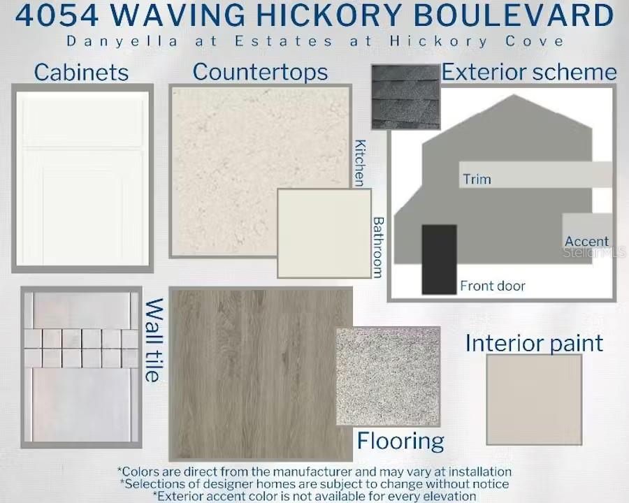 This design board displays material and color selections for a home's interior and exterior finishes — 4035 KINDLING WOOD WAY, ST CLOUD, FL
