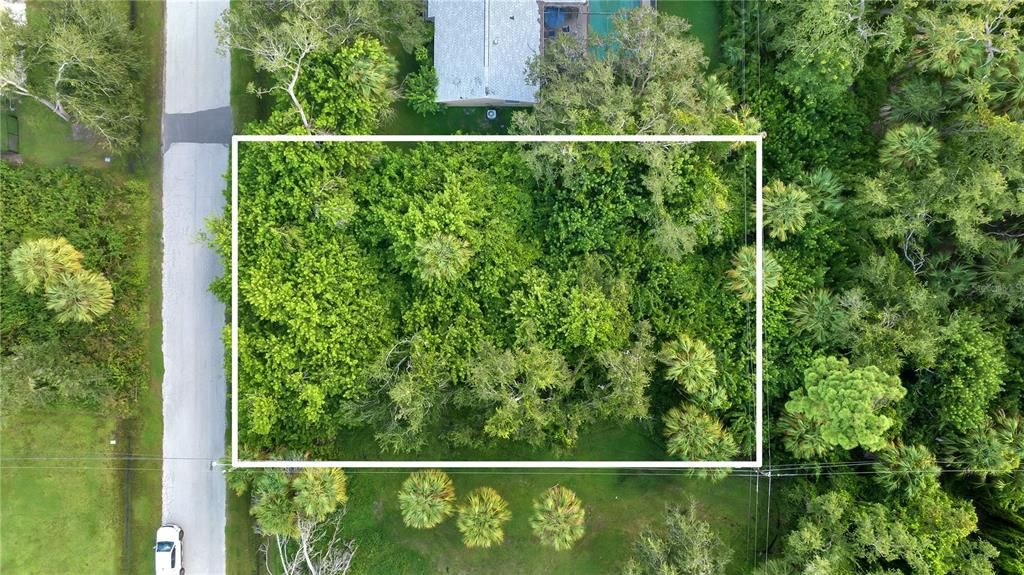 An aerial view shows a rectangular, tree-covered vacant lot bordered by a road and vegetation — 4355 MELIS STREET, PORT CHARLOTTE, FL