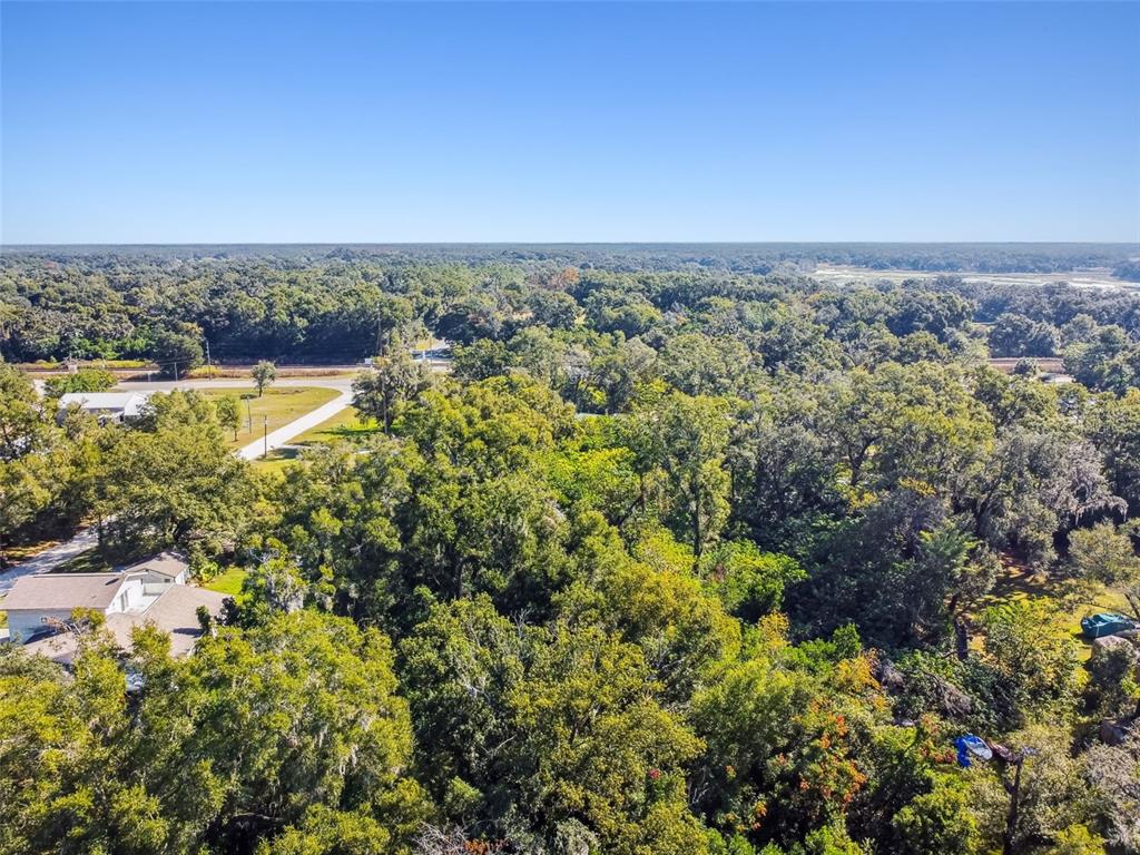 An aerial view shows a wooded lot with a house and a nearby road — 8408 RICHLAND SCHOOL ROAD, ZEPHYRHILLS, FL