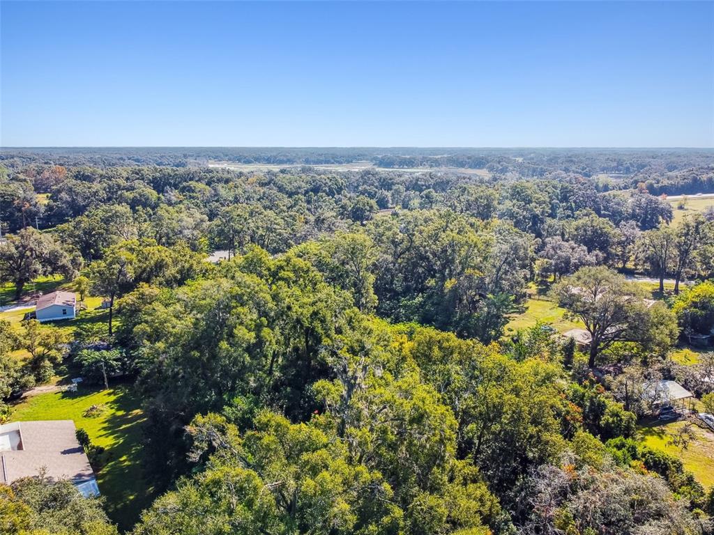 An aerial view shows a wooded landscape with scattered houses and a clear blue sky — 8408 RICHLAND SCHOOL ROAD, ZEPHYRHILLS, FL