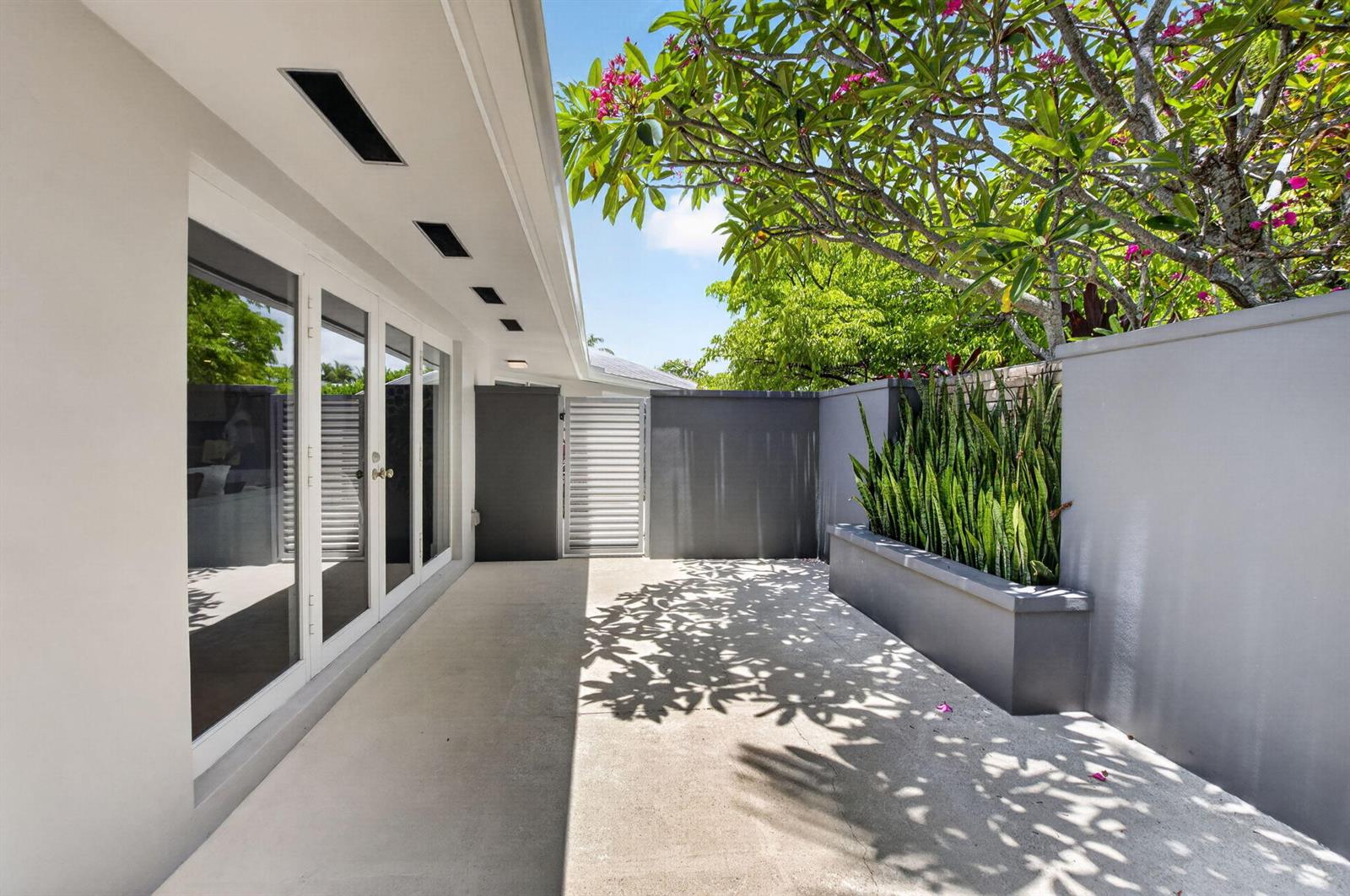 A concrete patio features a gray planter with snake plants beside a modern white house — 2006 NW 3rd Avenue, Delray Beach FL 33444, DELRAY BEACH, FL