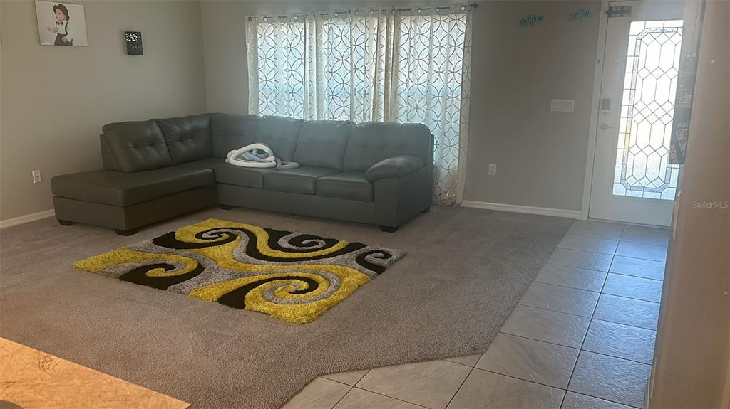 A living room features a grey sectional sofa, a patterned rug, and a front door — 8316 NEVADA STREET, SPRING HILL, FL