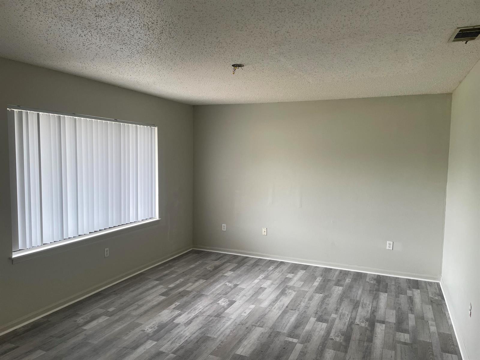 An empty room with gray walls, wood-look flooring, vertical blinds, and a ceiling light fixture — 3611 Jupiter Boulevard SE, Palm Bay FL 32909, PALM BAY, FL