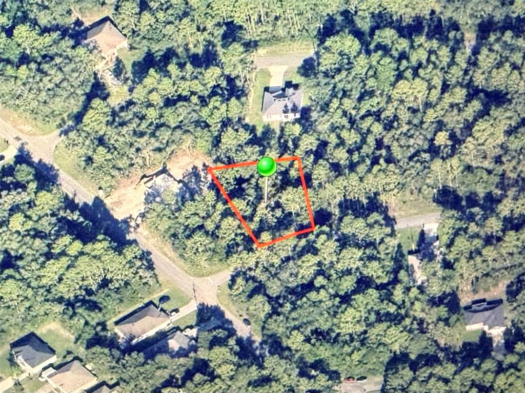 An aerial view shows a wooded, trapezoidal vacant lot outlined in red with a green marker — 8612 N FOLLAND DRIVE, CITRUS SPRINGS, FL