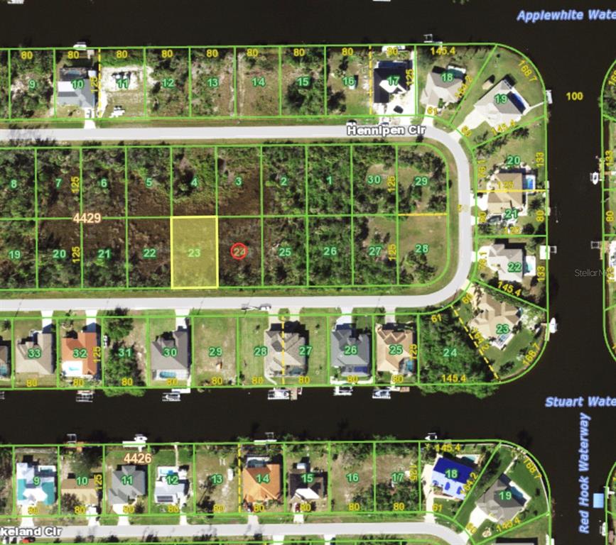 This is a map showing residential lots and streets in a suburban neighborhood — 15649 HENNIPEN CIRCLE, PORT CHARLOTTE, FL