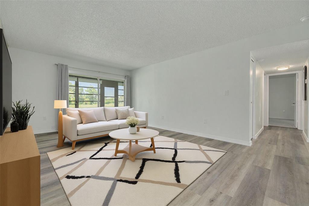 A living room features light gray wood-look flooring, a white sofa, and a geometric area rug — 7131 DELL ROAD UNIT 2, NEW PORT RICHEY, FL