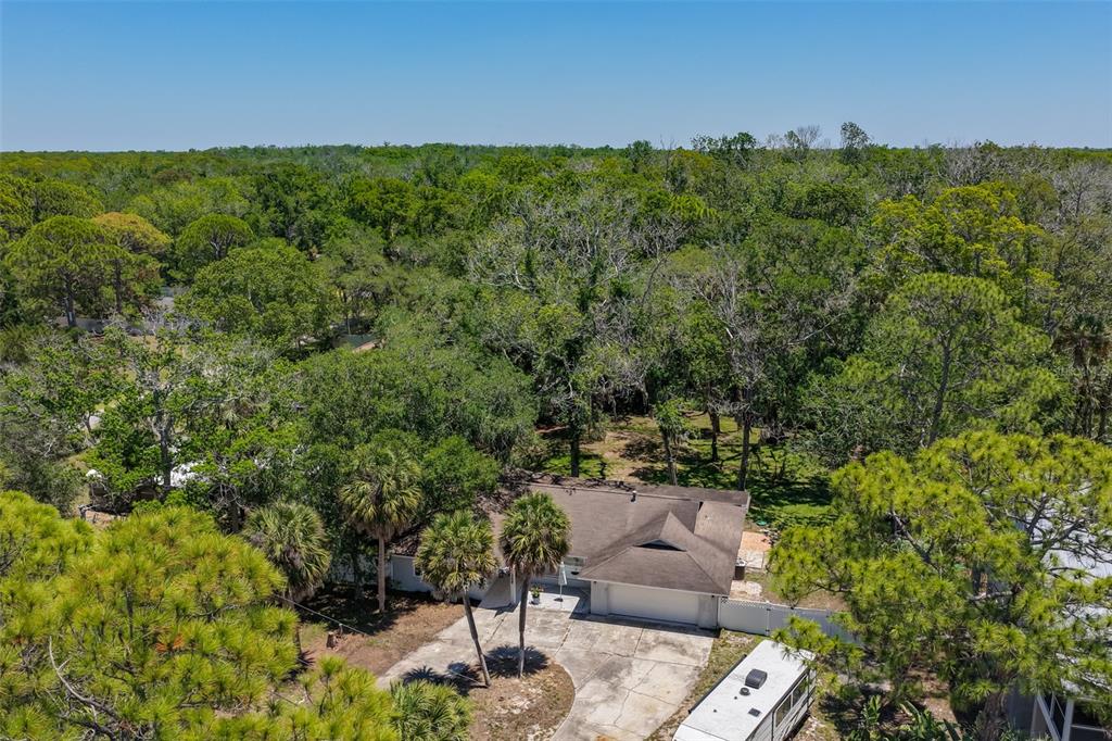 An aerial view shows a single-story house with a concrete driveway surrounded by dense trees — 1578 INDIAN BAY ROAD, SPRING HILL, FL