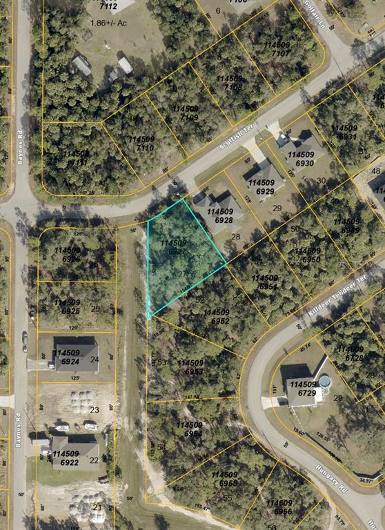 This is an aerial map showing a highlighted vacant residential lot among wooded properties — 0000 SCOTTISH TERRACE, NORTH PORT, FL
