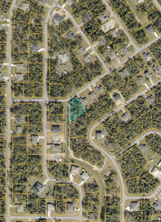 This is an aerial map showing a highlighted vacant lot in a residential neighborhood — 0000 SCOTTISH TERRACE, NORTH PORT, FL
