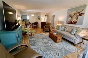 A living room features a large television, a beige sofa, and a patterned area rug — 3835 ALMERIA AVENUE UNIT C3, SARASOTA, FL