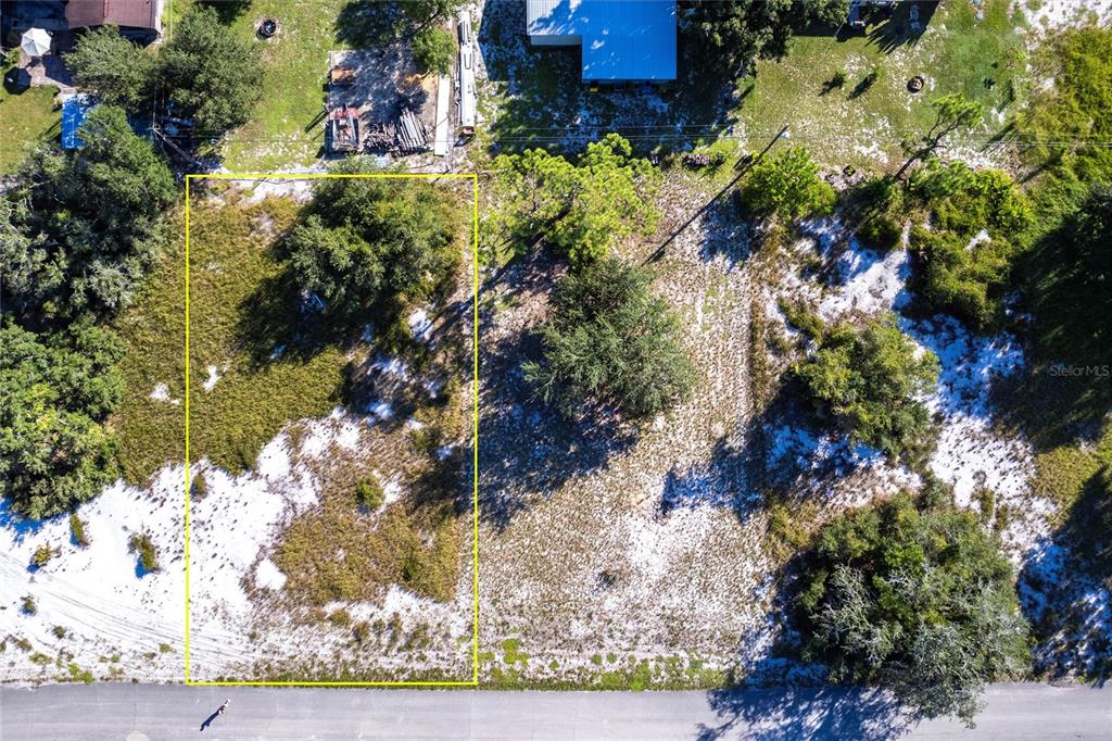 An aerial view shows a rectangular vacant lot outlined in yellow along a paved road — 917 HOLLYHOCK COURT, LAKE PLACID, FL