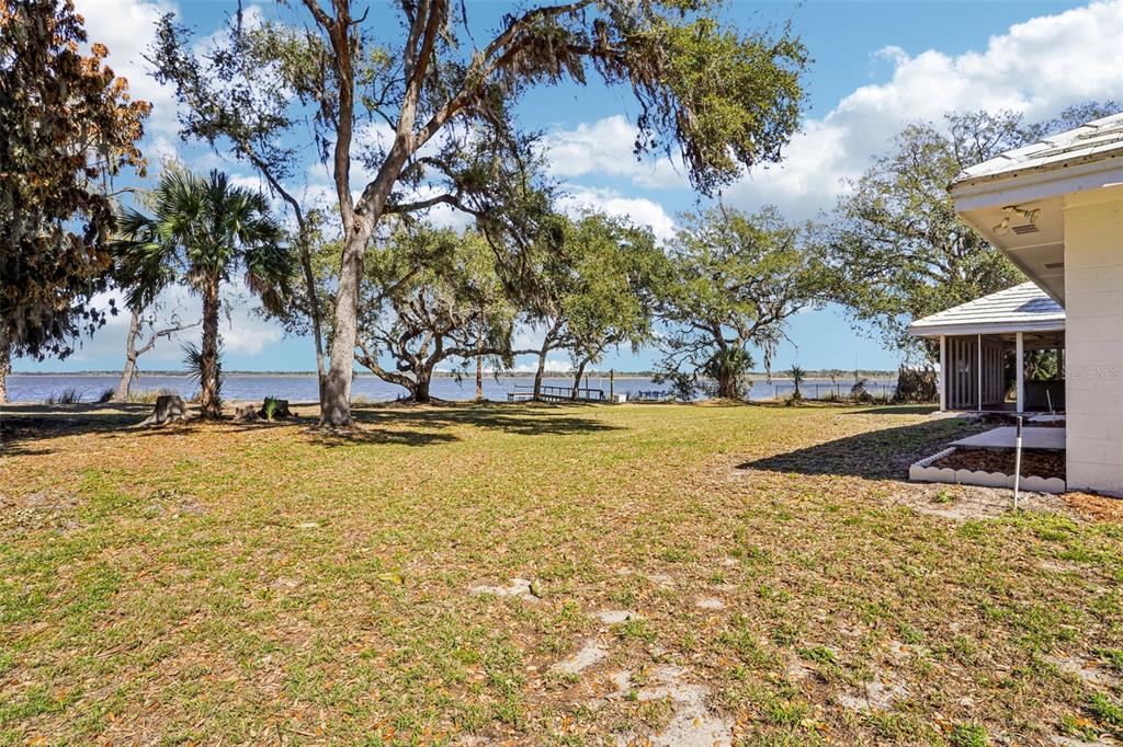 A grassy backyard leads to a waterfront view with large trees and a house exterior — 37048 COUNTY ROAD 452, GRAND ISLAND, FL