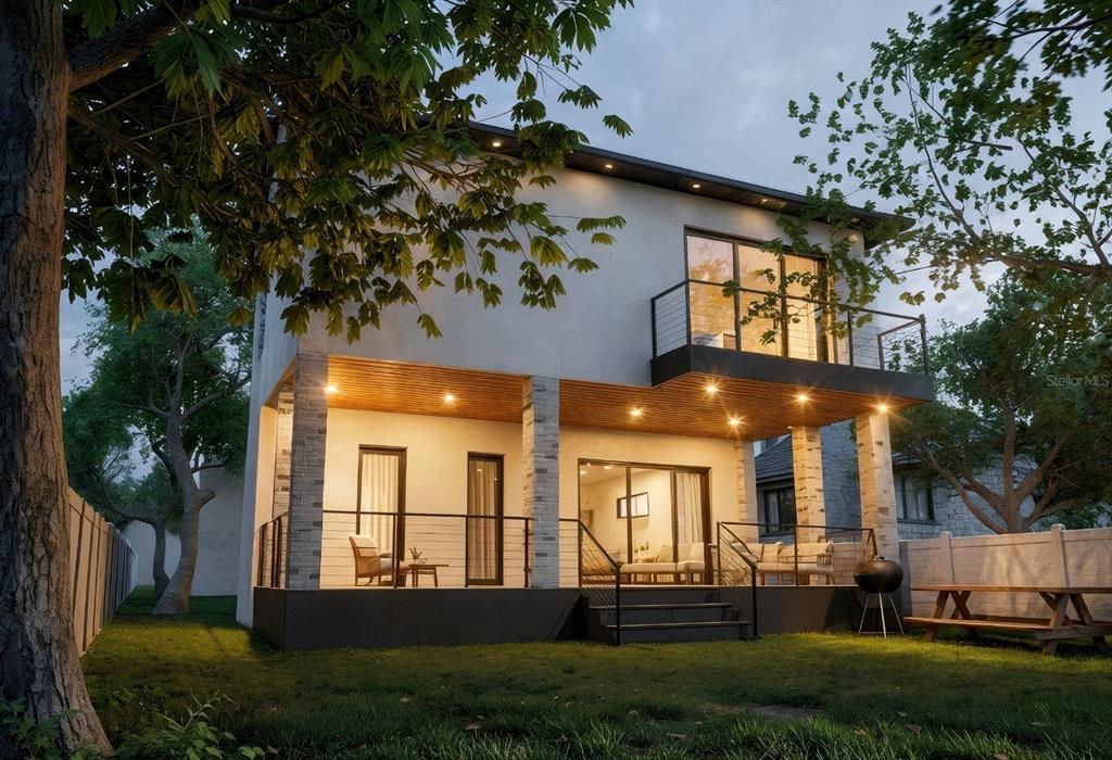 This architectural rendering shows the exterior of a two-story house with a covered patio — 6010 S ELKINS AVENUE, TAMPA, FL