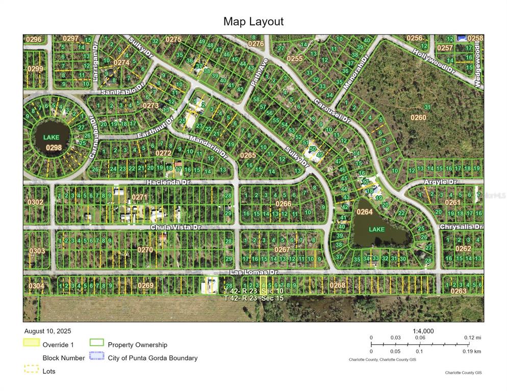 This image is a map showing property lots, street names, and block numbers — 27275 LAS LOMAS DRIVE, PUNTA GORDA, FL