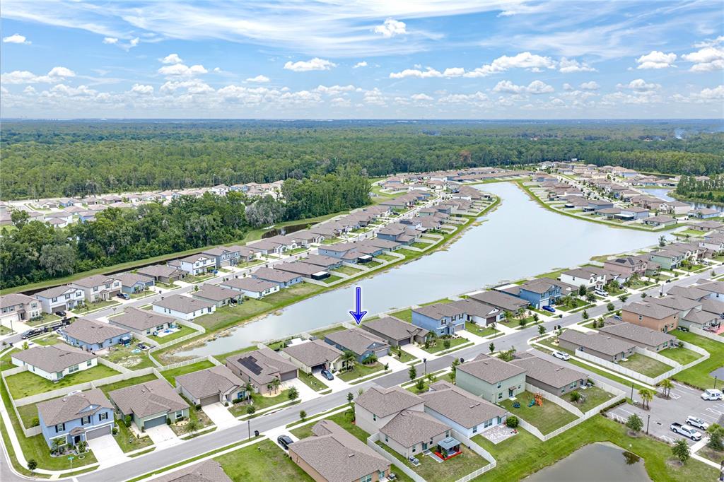 An aerial view shows a suburban neighborhood with houses surrounding a central lake — 4334 TROTTERS WAY, LAKELAND, FL