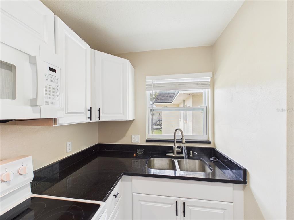 A kitchen features white cabinets, black countertops, a double-basin sink, and a window — 2800 E 113TH AVENUE UNIT 219, TAMPA, FL
