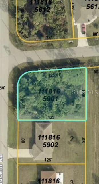 This is a map showing a vacant residential lot outlined in blue — GERANIUM AVENUE, NORTH PORT, FL
