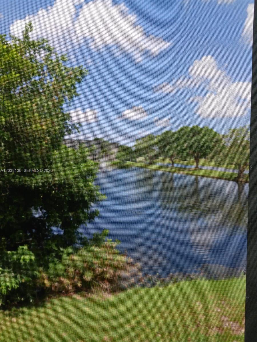 A view of a lake and trees seen through a window screen — POMPANO BEACH, FL