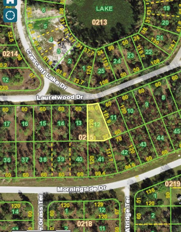 This is a map showing a highlighted residential lot located between Laurelwood Drive and Morningside Drive — 28095 LAURELWOOD DRIVE, PUNTA GORDA, FL