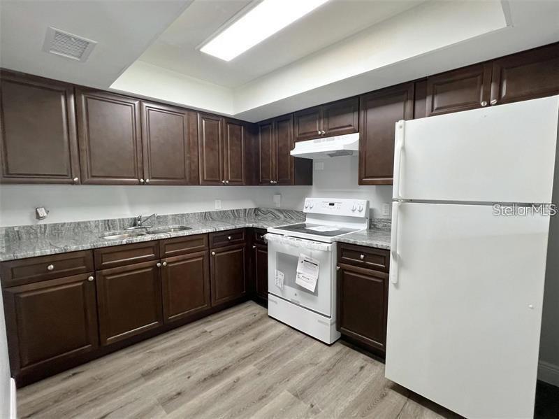 A kitchen features dark wood cabinets, granite countertops, and white appliances on wood-look flooring — 3008 SAINT PAUL DRIVE UNIT 3012, WINTER HAVEN, FL