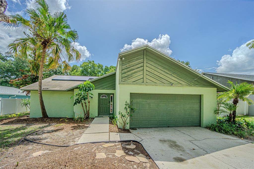 A light green single-story house with a front-facing garage and a palm tree — 18425 SWAN LAKE DRIVE, LUTZ, FL