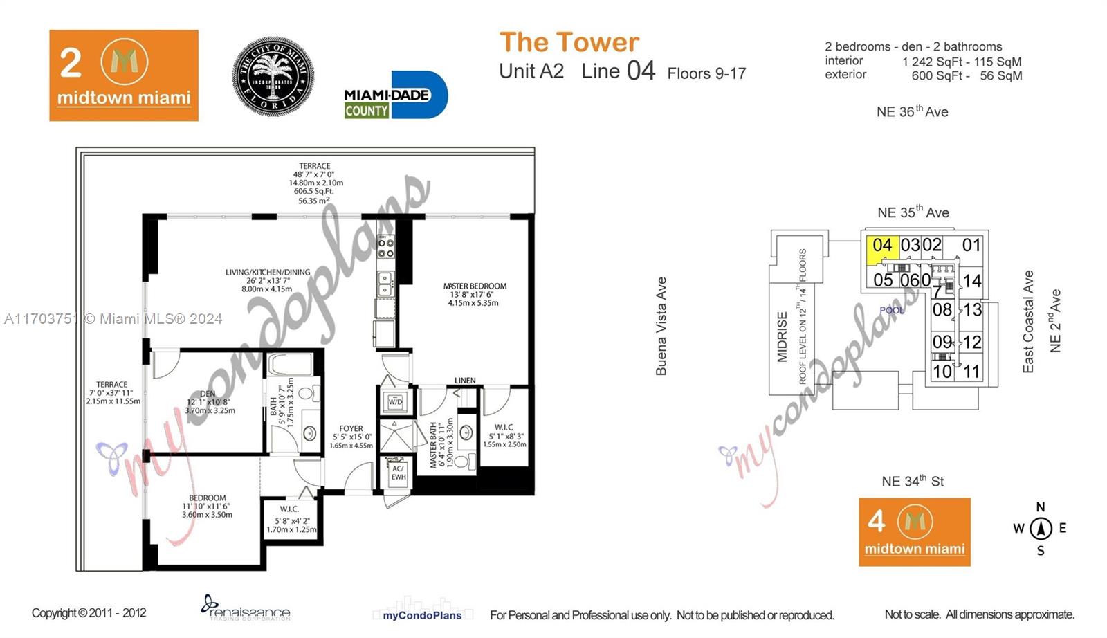 This is a floor plan for a two-bedroom, two-bathroom apartment with two terraces — 3470 E Coast Ave # H1404, Miami FL 33137, MIAMI, FL