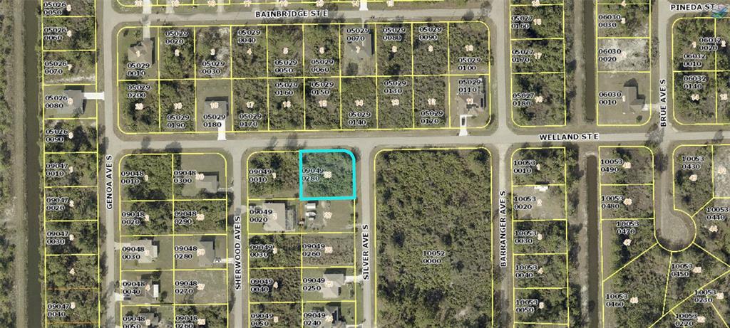 This is a satellite map showing a highlighted vacant lot in a residential neighborhood — 546 SILVER AVENUE S, LEHIGH ACRES, FL