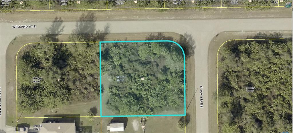 This is an aerial map view of a vacant, wooded corner lot — 546 SILVER AVENUE S, LEHIGH ACRES, FL