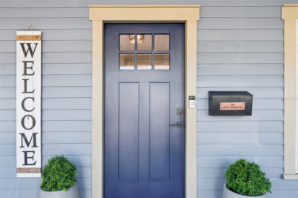 A blue front door with a window sits between two potted plants and a mailbox — 322 11TH AVENUE N, ST PETERSBURG, FL